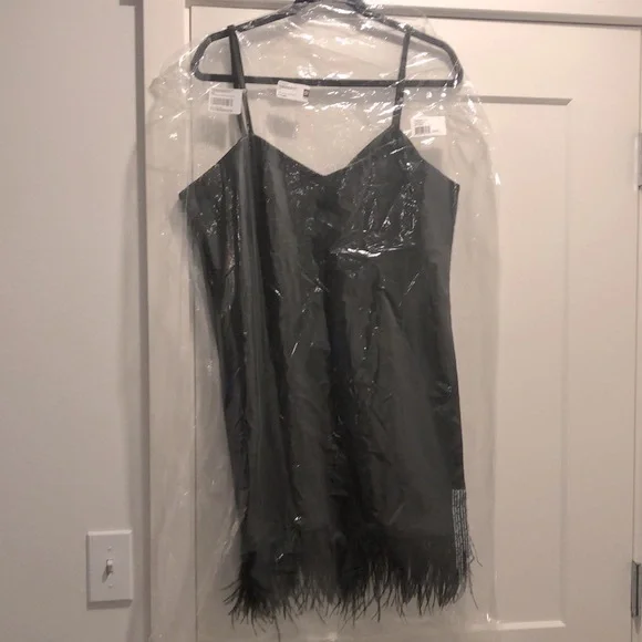 NWT [Lamarque] Mollie Feather Trim Faux Leather V-Neck Slip Dress Women’s Sz L - Picture 7 of 8